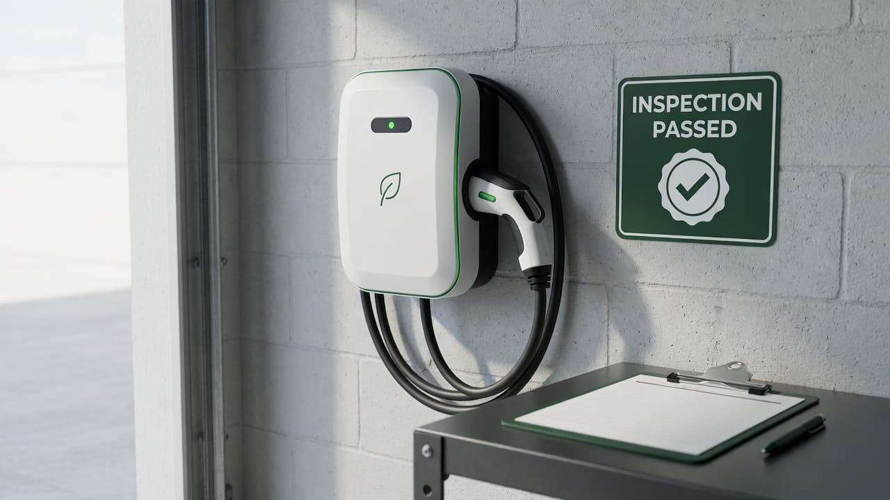 Electrical permit document next to a newly installed EV charger