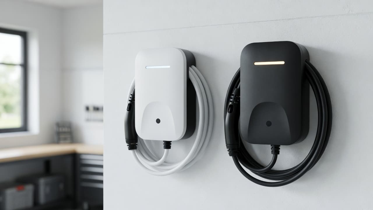 Two Level 2 EV chargers mounted on a garage wall